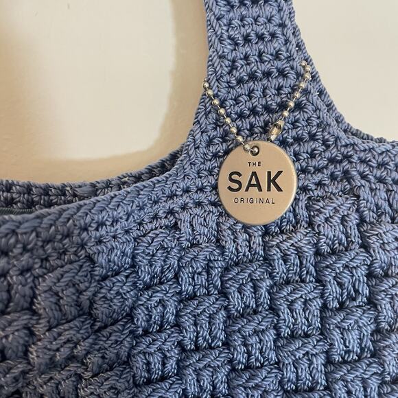 The Sak Original Hobo Blue Crochet Knit Shoulder Bag Purse Zip Boho - Picture 2 of 9